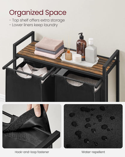 VASAGLE Black Laundry Basket, 2 Compartments