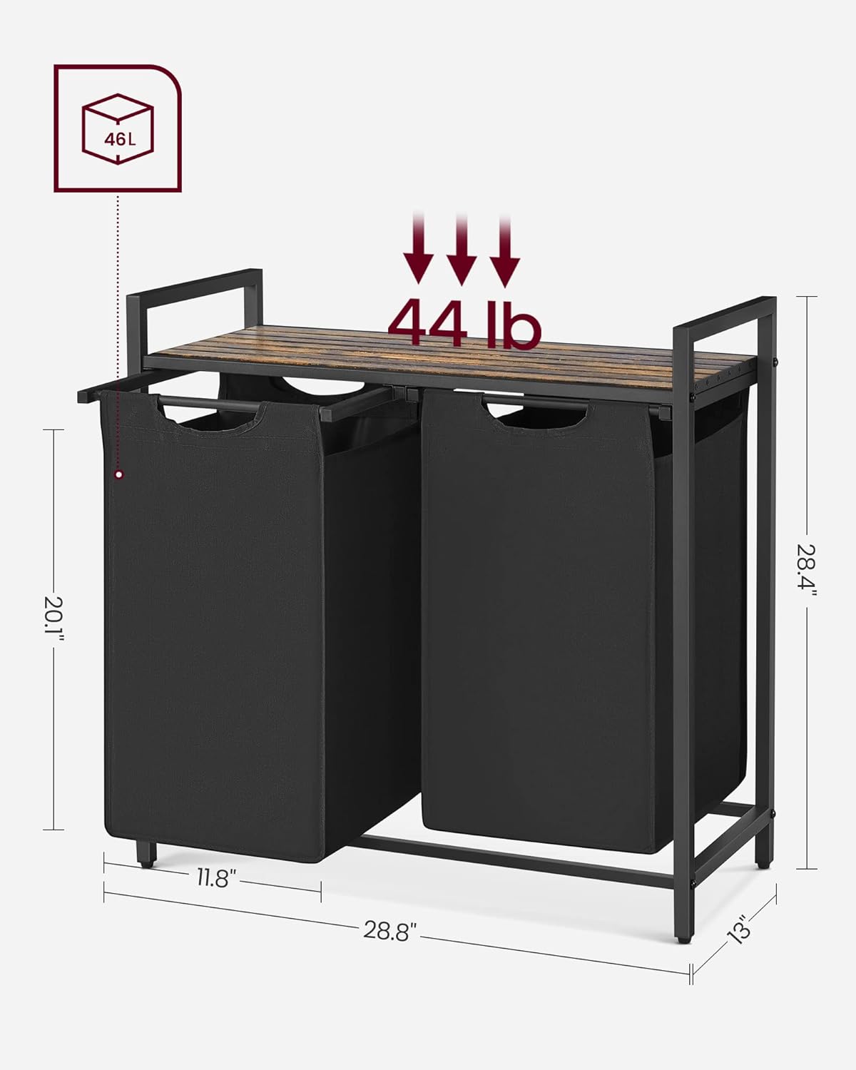 VASAGLE Black Laundry Basket, 2 Compartments
