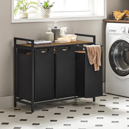 VASAGLE Black Laundry Basket, 3 Compartments