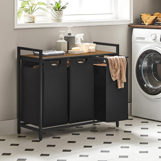VASAGLE Black Laundry Basket, 3 Compartments