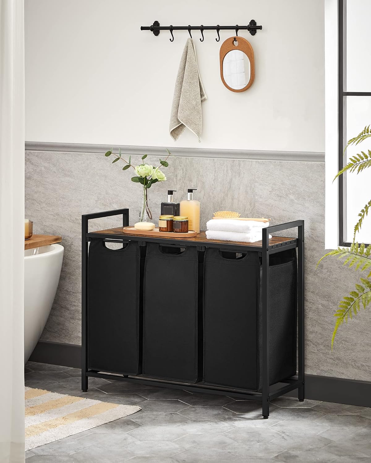 VASAGLE Black Laundry Basket, 3 Compartments