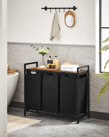 VASAGLE Black Laundry Basket, 3 Compartments