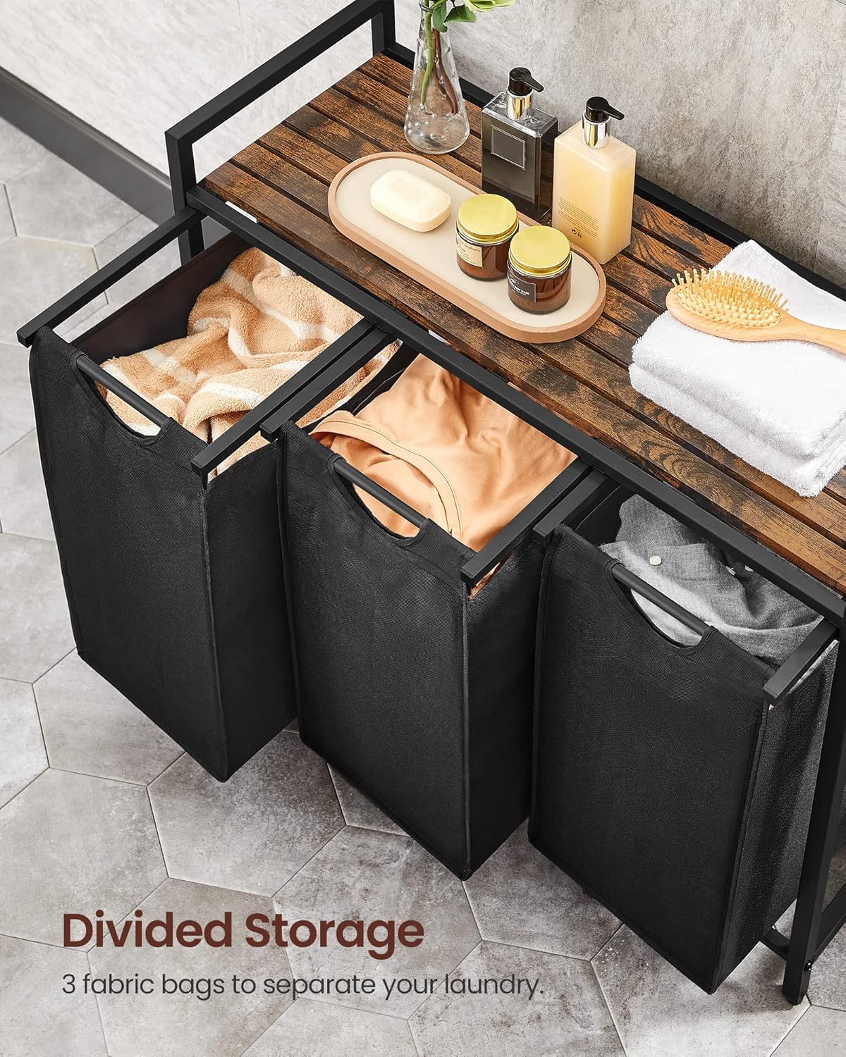 VASAGLE Black Laundry Basket, 3 Compartments