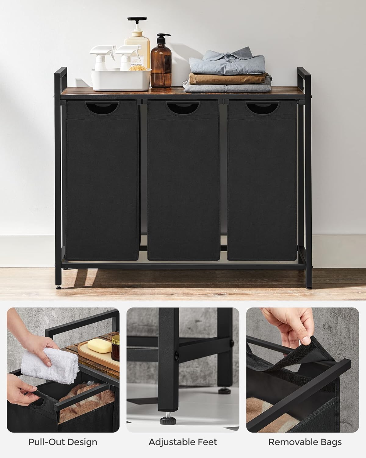 VASAGLE Black Laundry Basket, 3 Compartments
