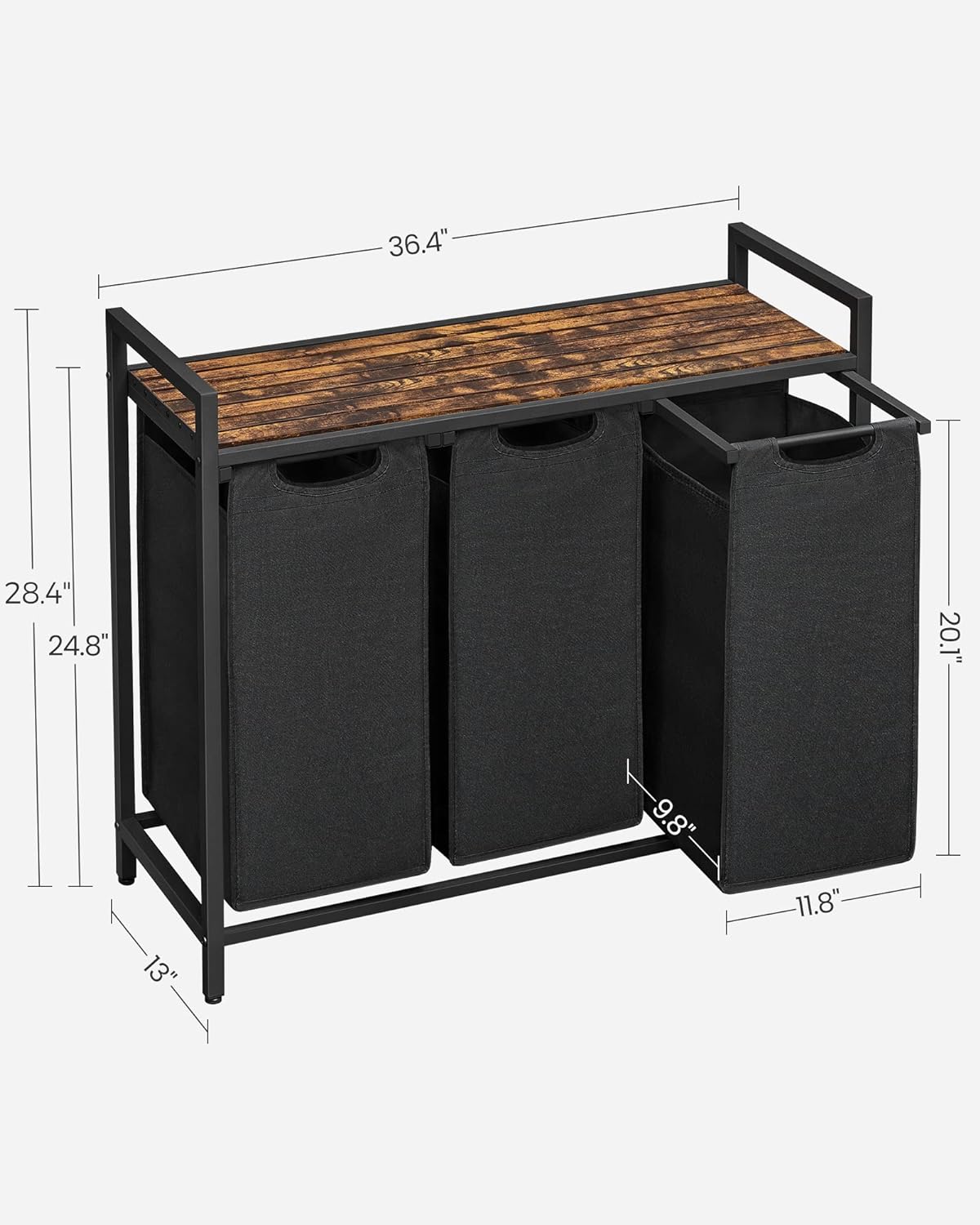 VASAGLE Black Laundry Basket, 3 Compartments