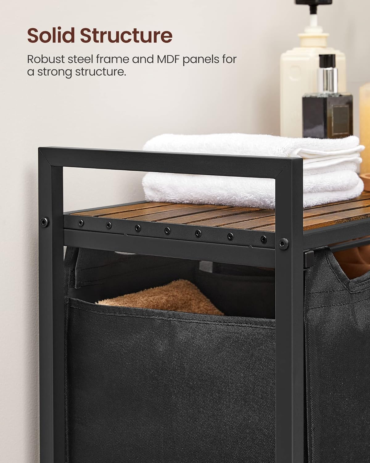VASAGLE Black Laundry Basket, 3 Compartments