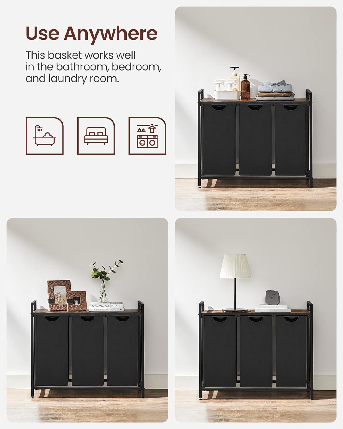 VASAGLE Black Laundry Basket, 3 Compartments