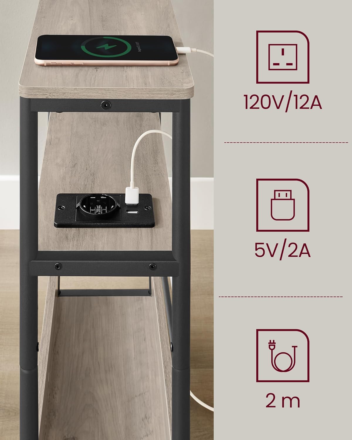 VASAGLE Side Table with Charging Function