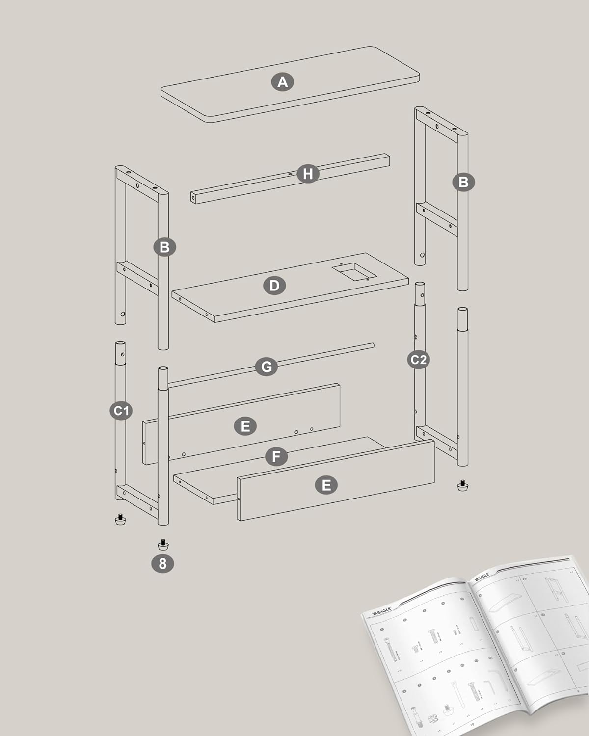 VASAGLE Side Table with Charging Function