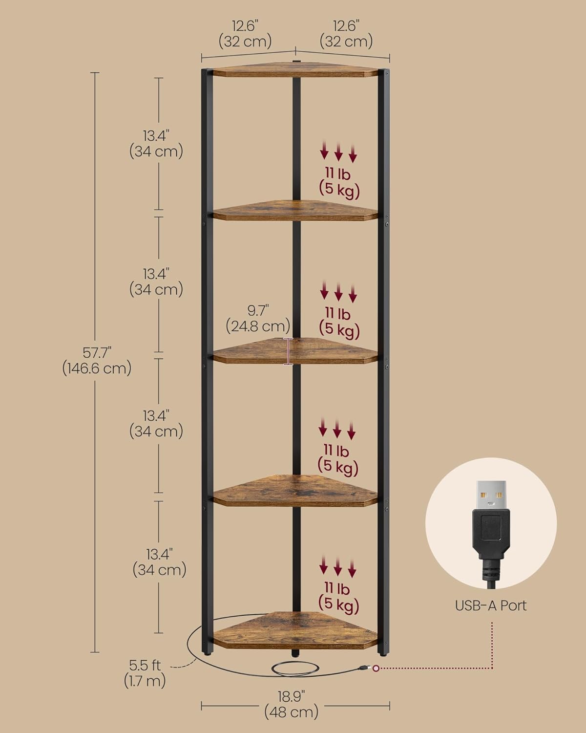 VASAGLE 5-Tier Corner Shelf, Bookcase with Adjustable LED Lights LBC590K02