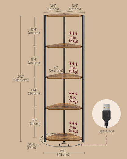 VASAGLE 5-Tier Corner Shelf, Bookcase with Adjustable LED Lights LBC590K02