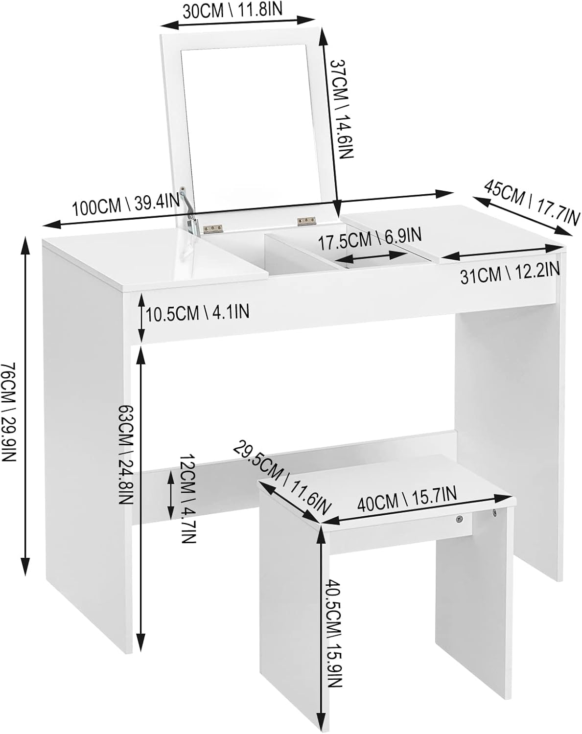 WOLTU dressing table with a flip-up mirror and matching stool