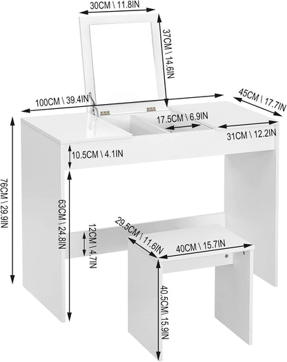 WOLTU dressing table with a flip-up mirror and matching stool