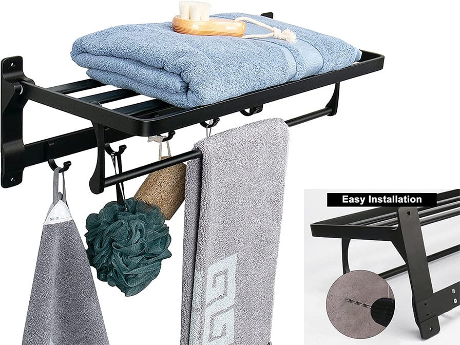 Foldable Double Towel Holder with Towel Bar and 5 Hooks