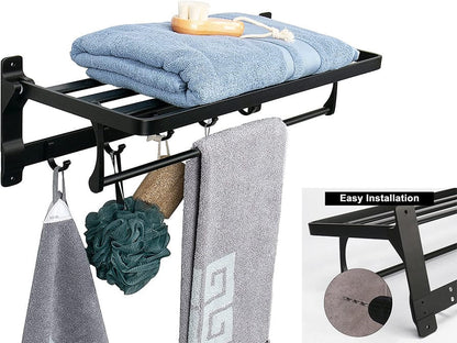 Foldable Double Towel Holder with Towel Bar and 5 Hooks