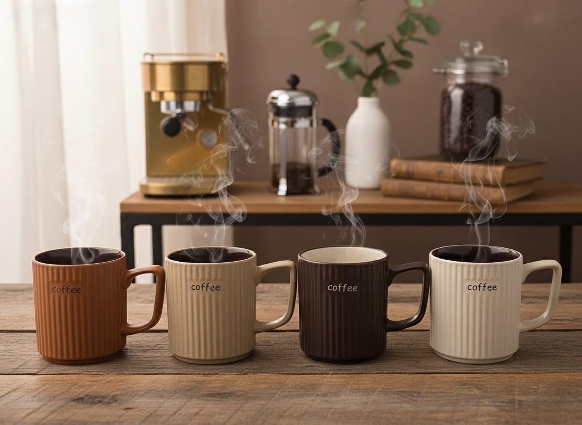 Set of 4 Modern Ribbed Ceramic Coffee Mug