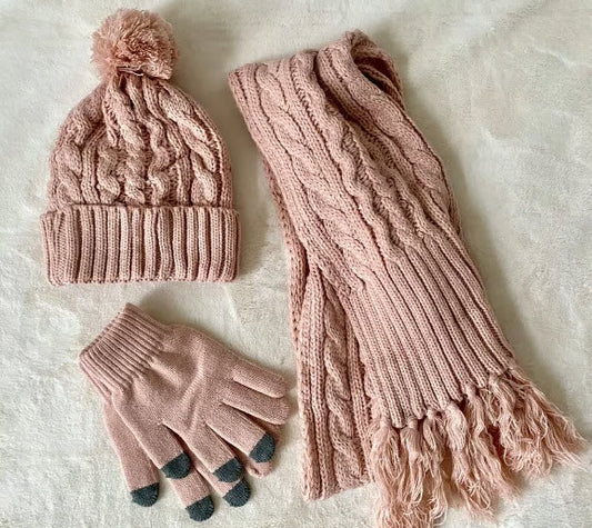 Women's Winter Cable Knit Hat, Scarf, and Gloves Set