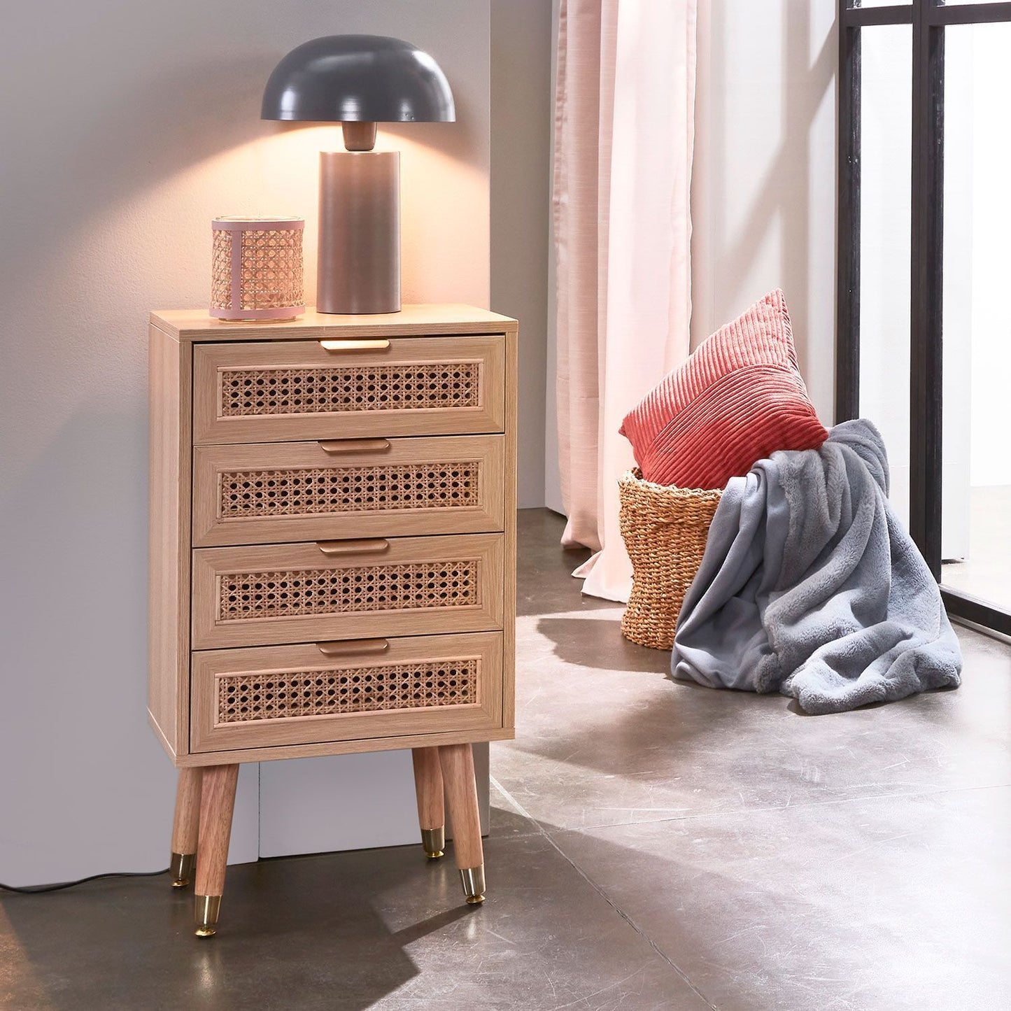 Accent Wood Chest with 4 Rattan Drawer